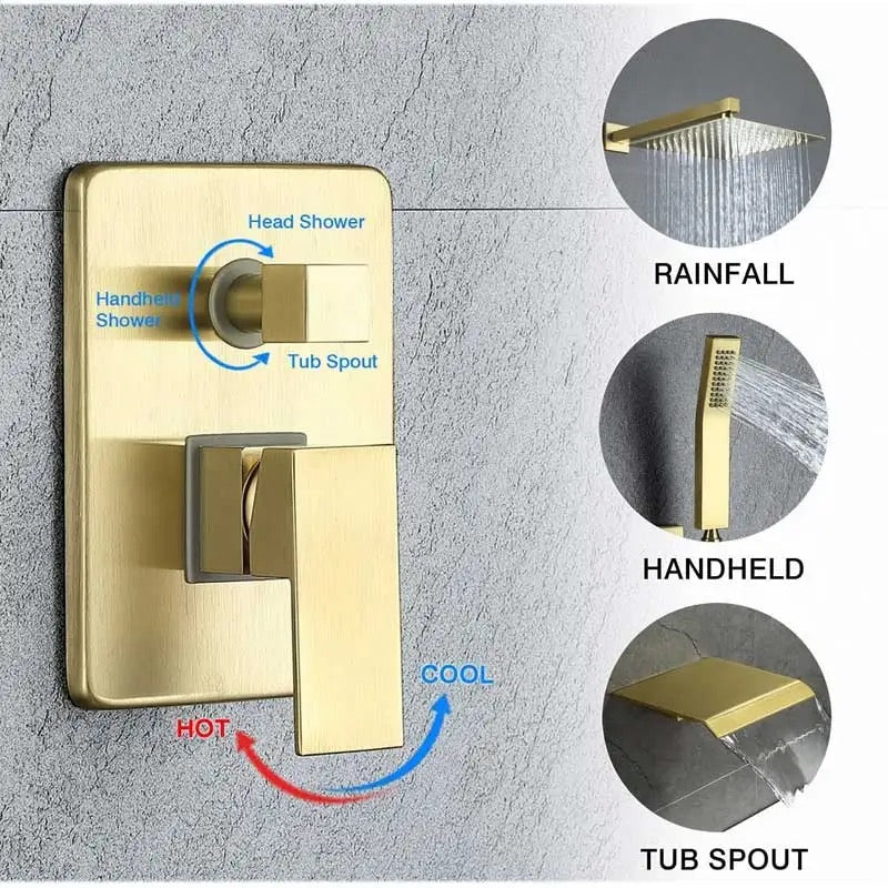 Tub Shower System Set Three Functions Waterfall Spout Brushed Gold Finish