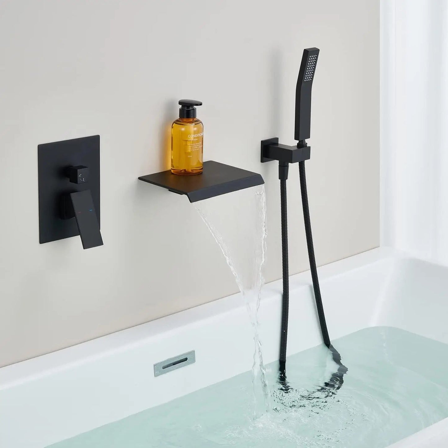 Roman Tub Waterfall Spout Single Handel Wall Mounted With Movable Spryer Handheld Matte Black Finish