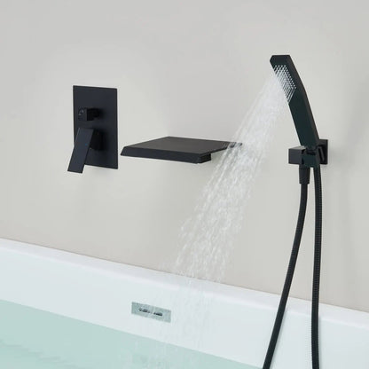 Roman Tub Waterfall Spout Single Handel Wall Mounted With Movable Spryer Handheld Matte Black Finish