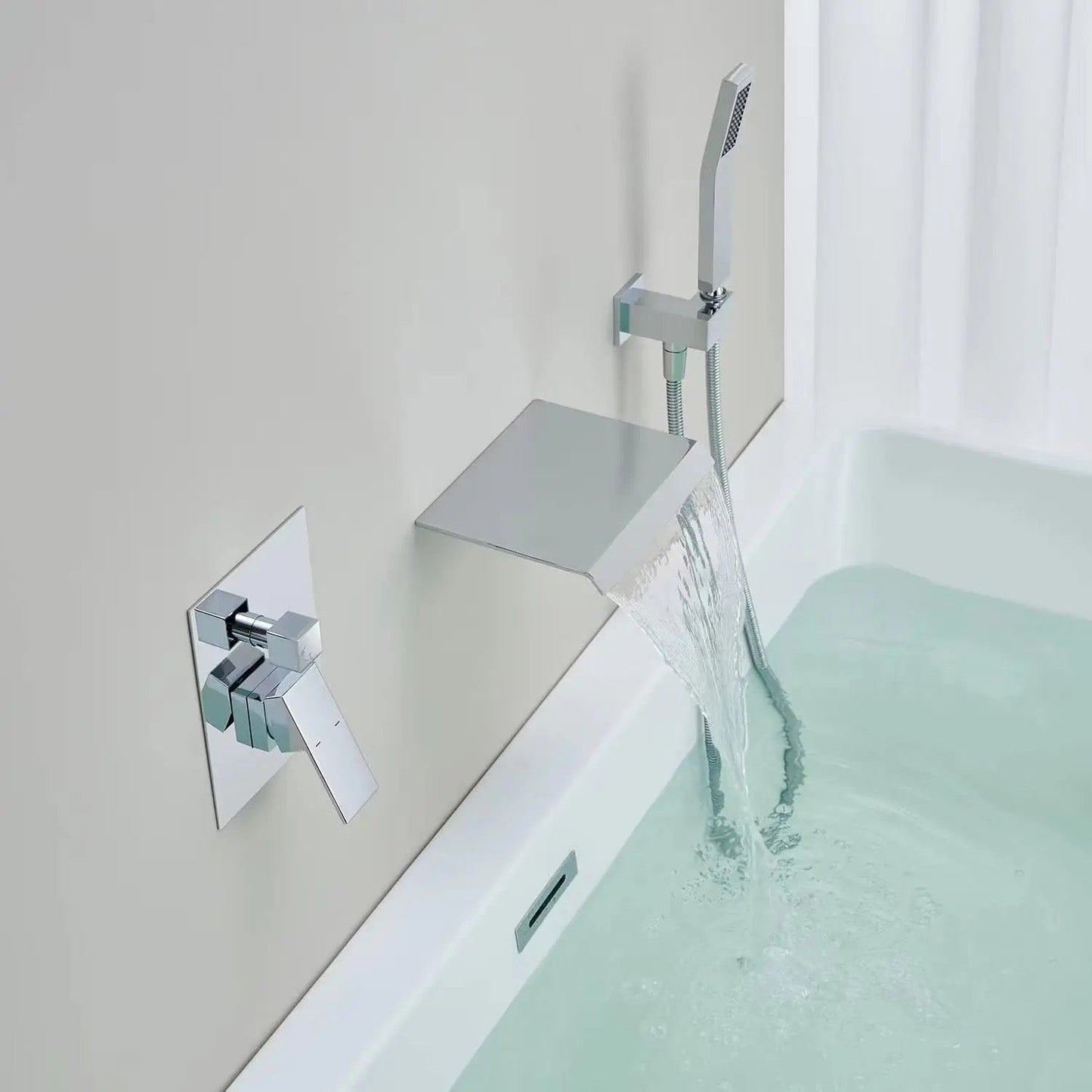 Roman Tub Waterfall Spout Single Handle Wall Mounted With Movable Sprayer Handheld Chrome Finish