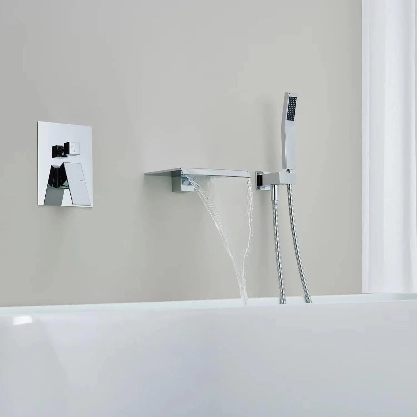 Roman Tub Waterfall Spout Single Handle Wall Mounted With Movable Sprayer Handheld Chrome Finish