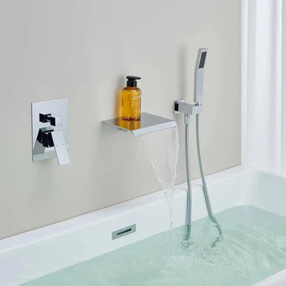 Roman Tub Waterfall Spout Single Handle Wall Mounted With Movable Sprayer Handheld Chrome Finish