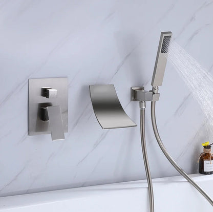 Waterfall Roman Tub Two Function Single Handle With Diverter And Sprayer Handheld Shower Brushed Nickel