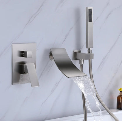 Waterfall Roman Tub Two Function Single Handle With Diverter And Sprayer Handheld Shower Brushed Nickel