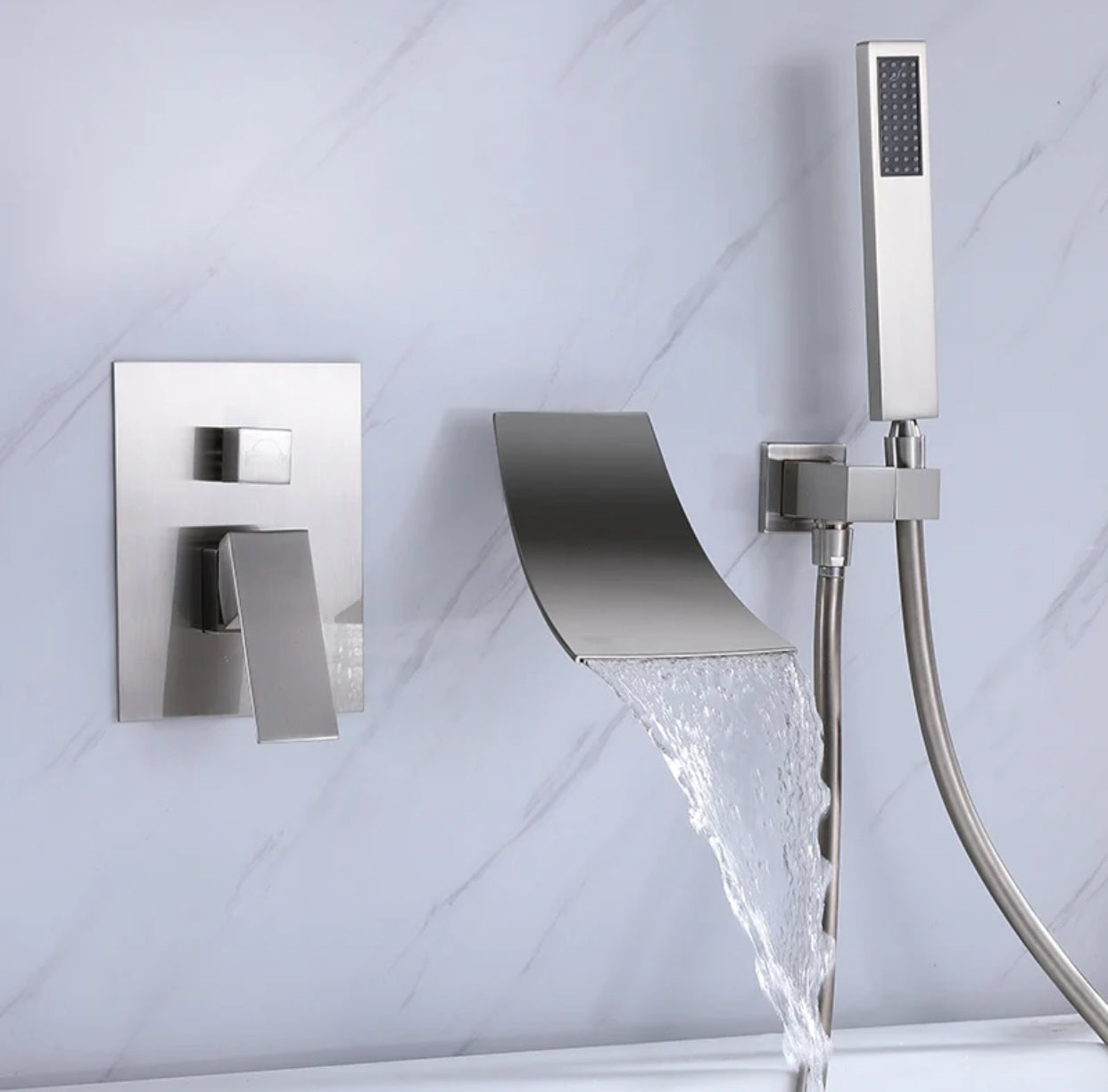 Waterfall Roman Tub Two Function Single Handle With Diverter And Sprayer Handheld Shower Brushed Nickel