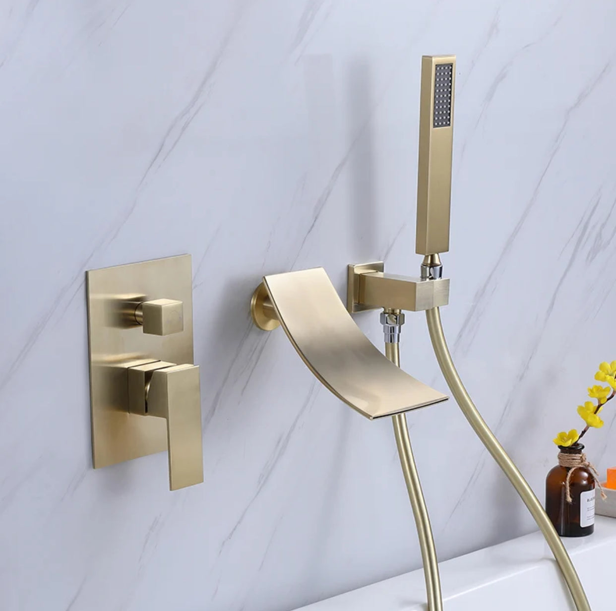 Waterfall Roman Tub Two Function Single Handle With Diverter And Sprayer Handheld Shower Brushed Gold