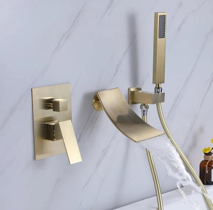 Waterfall Roman Tub Two Function Single Handle With Diverter And Sprayer Handheld Shower Brushed Gold