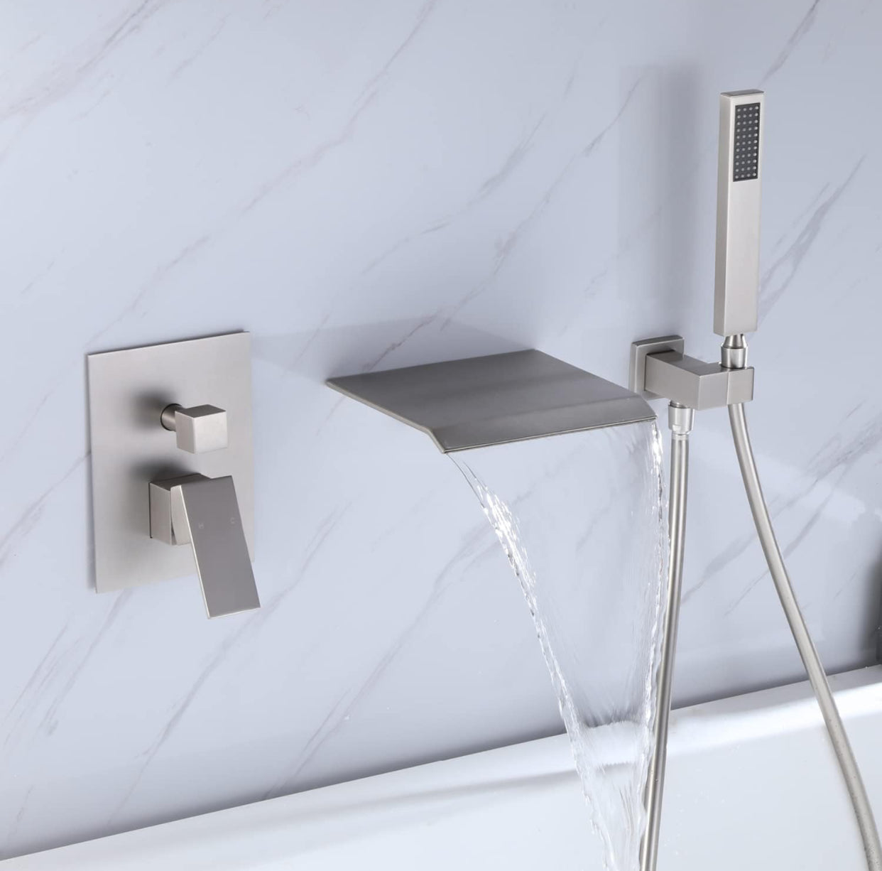 Roman Tub Waterfall Spout Single Handel Wall Mounted With Movable Spryer Handheld Brushed Nickel Finish