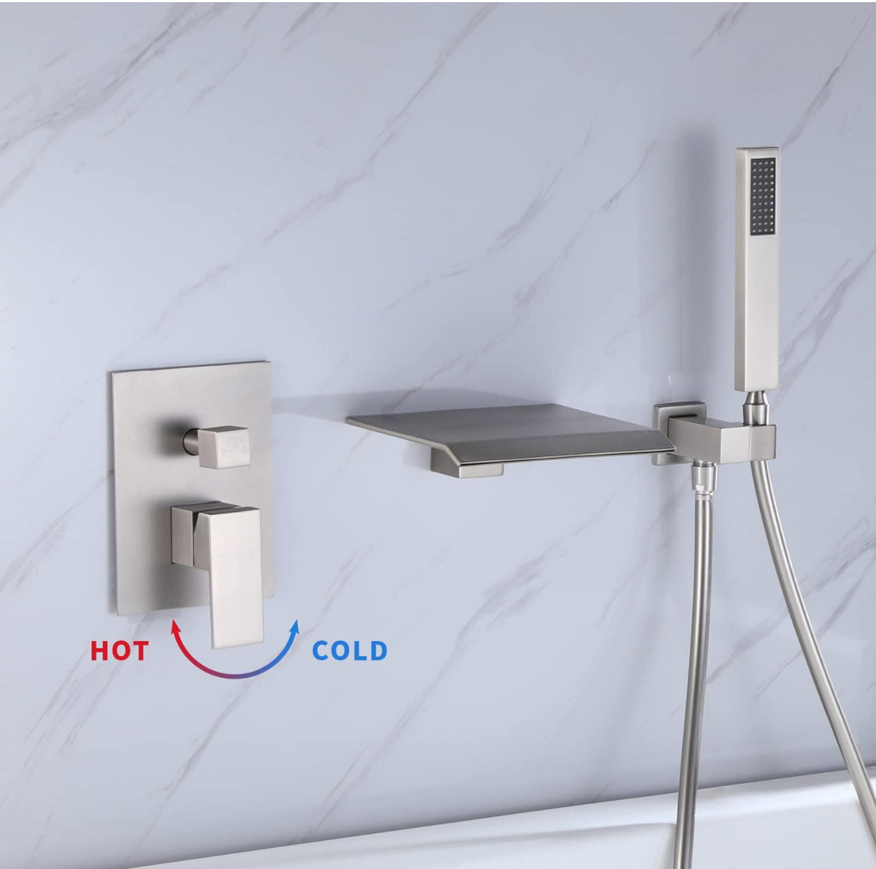 Roman Tub Waterfall Spout Single Handel Wall Mounted With Movable Spryer Handheld Brushed Nickel Finish