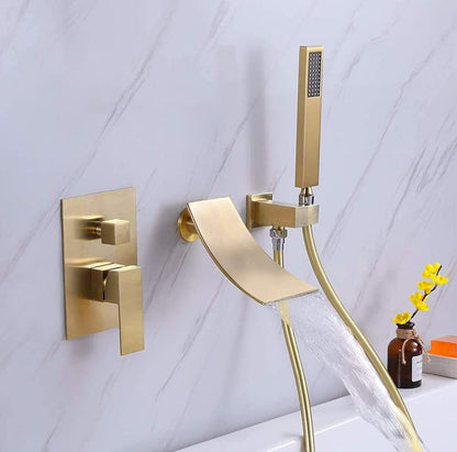 Waterfall Roman Tub Two Function Single Handle With Diverter And Sprayer Handheld Shower Brushed Gold