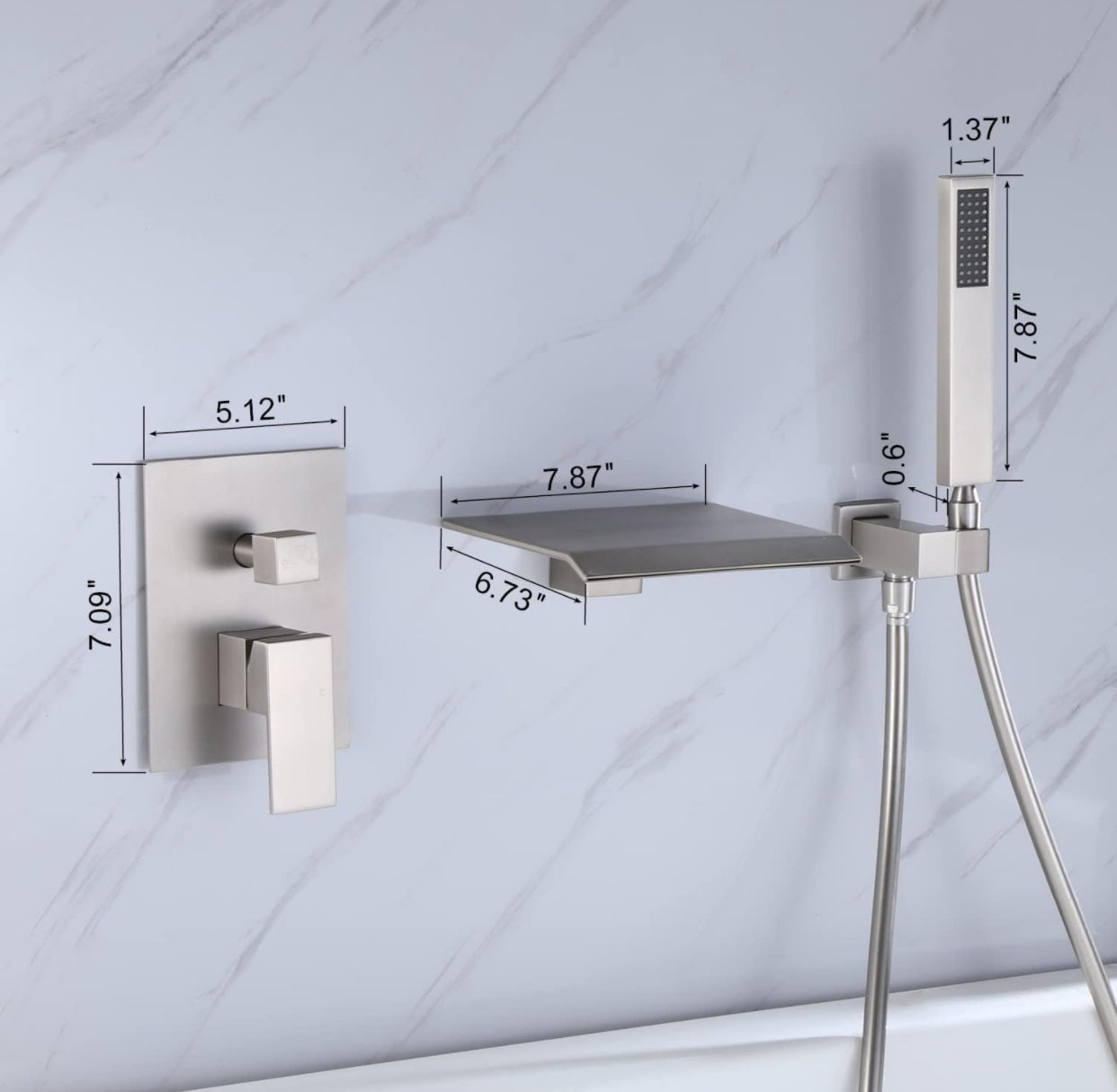 Roman Tub Waterfall Spout Single Handel Wall Mounted With Movable Spryer Handheld Brushed Nickel Finish