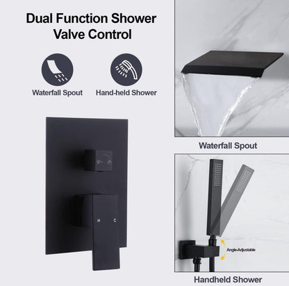 Roman Tub Waterfall Spout Single Handel Wall Mounted With Movable Spryer Handheld Matte Black Finish