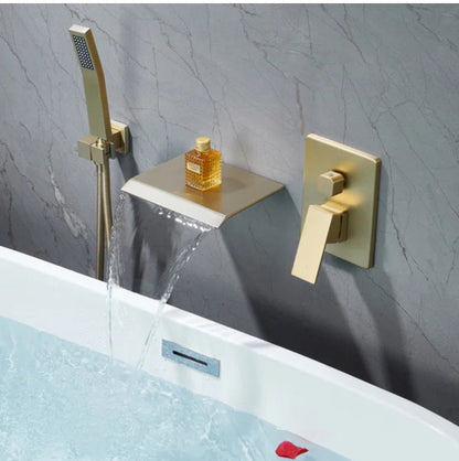 Roman Tub Waterfall Spout Single Handel Wall Mounted With Movable Spryer Handheld Brushed Gold Finish