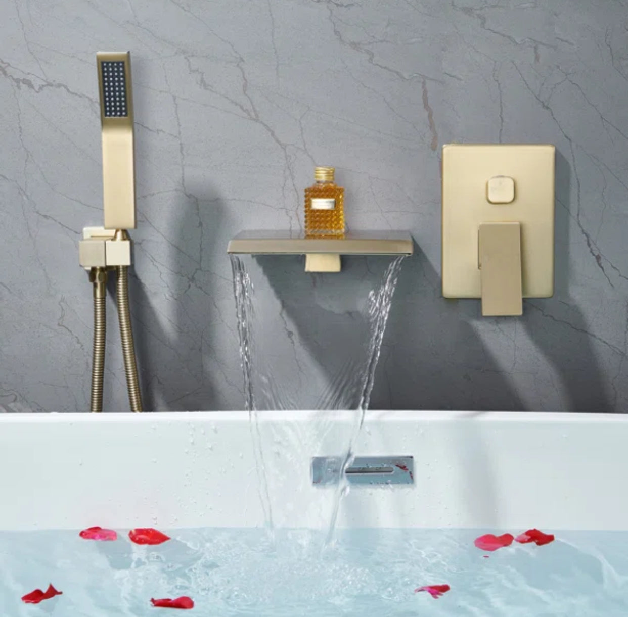 Roman Tub Waterfall Spout Single Handel Wall Mounted With Movable Spryer Handheld Brushed Gold Finish