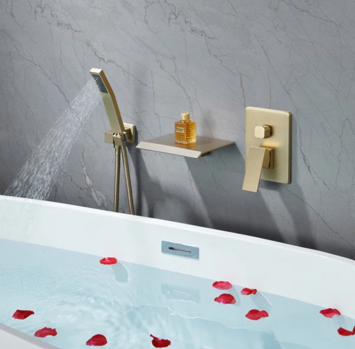 Roman Tub Waterfall Spout Single Handel Wall Mounted With Movable Spryer Handheld Brushed Gold Finish