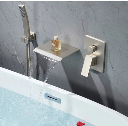 Roman Tub Waterfall Spout Single Handel Wall Mounted With Movable Spryer Handheld Brushed Nickel Finish