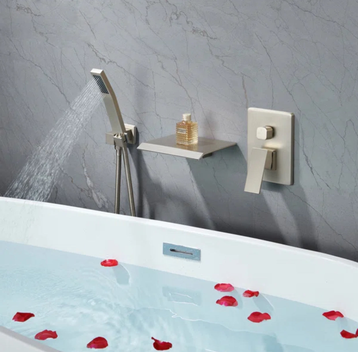 Roman Tub Waterfall Spout Single Handel Wall Mounted With Movable Spryer Handheld Brushed Nickel Finish