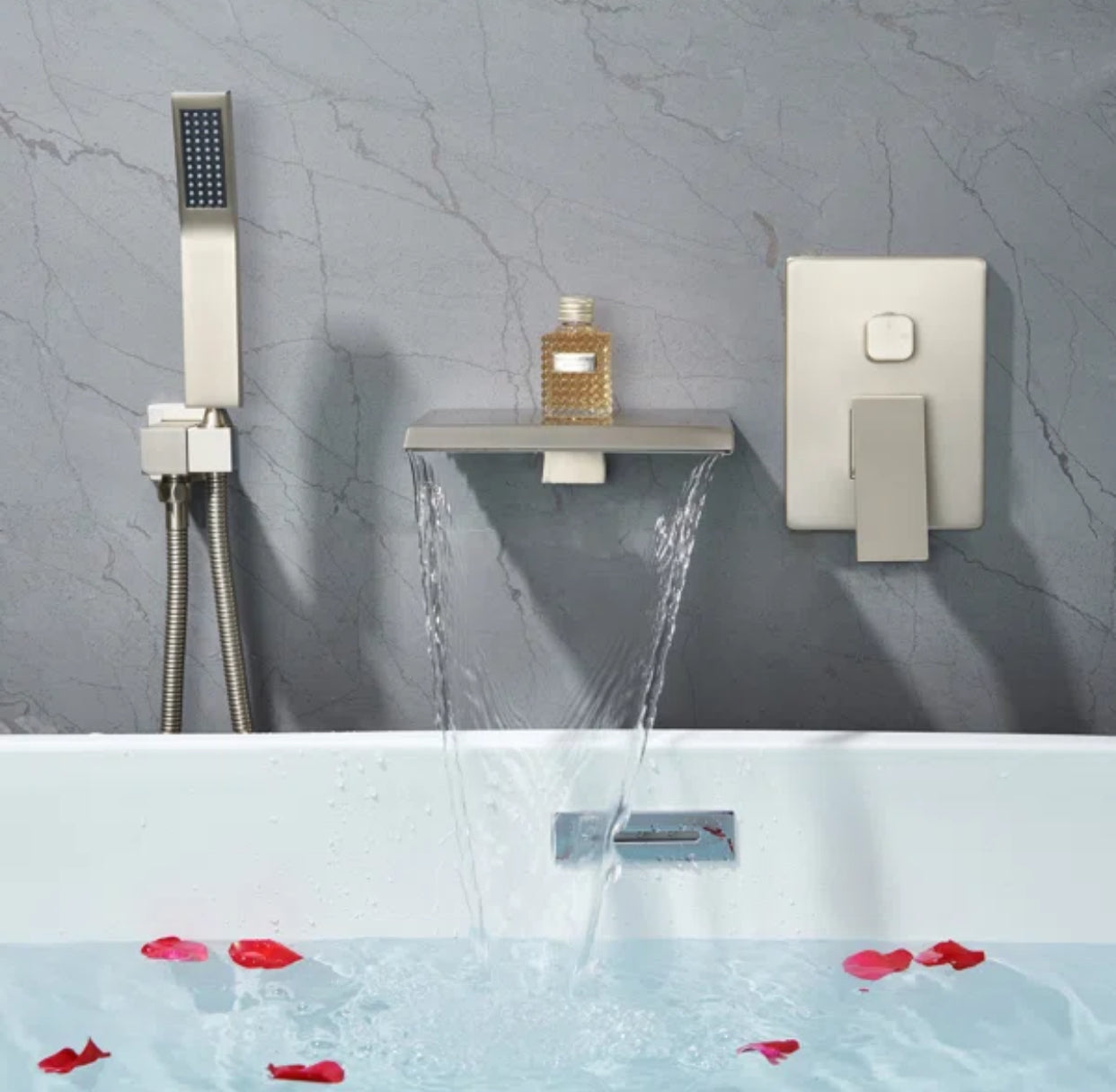 Roman Tub Waterfall Spout Single Handel Wall Mounted With Movable Spryer Handheld Brushed Nickel Finish