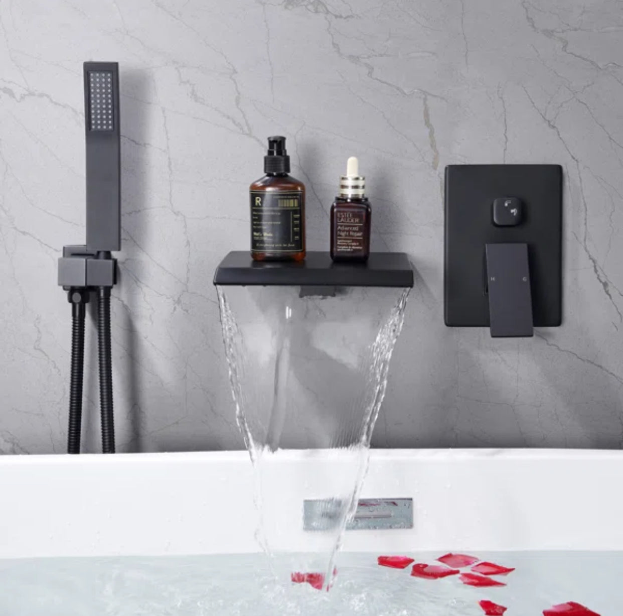 Roman Tub Waterfall Spout Single Handel Wall Mounted With Movable Spryer Handheld Matte Black Finish