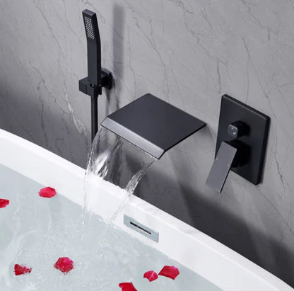 Roman Tub Waterfall Spout Single Handel Wall Mounted With Movable Spryer Handheld Matte Black Finish