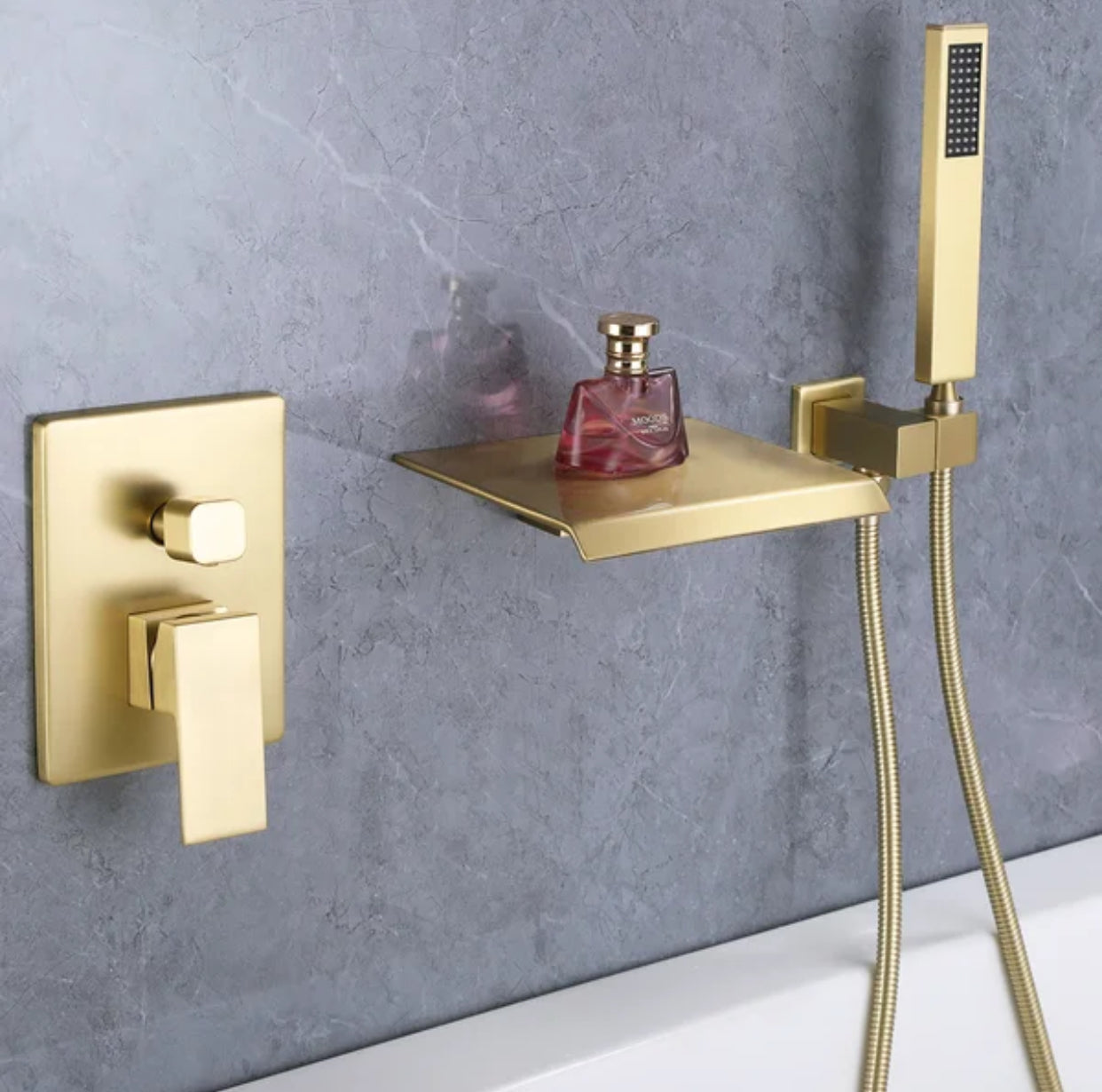 Roman Tub Waterfall Spout Single Handel Wall Mounted With Movable Spryer Handheld Brushed Gold Finish