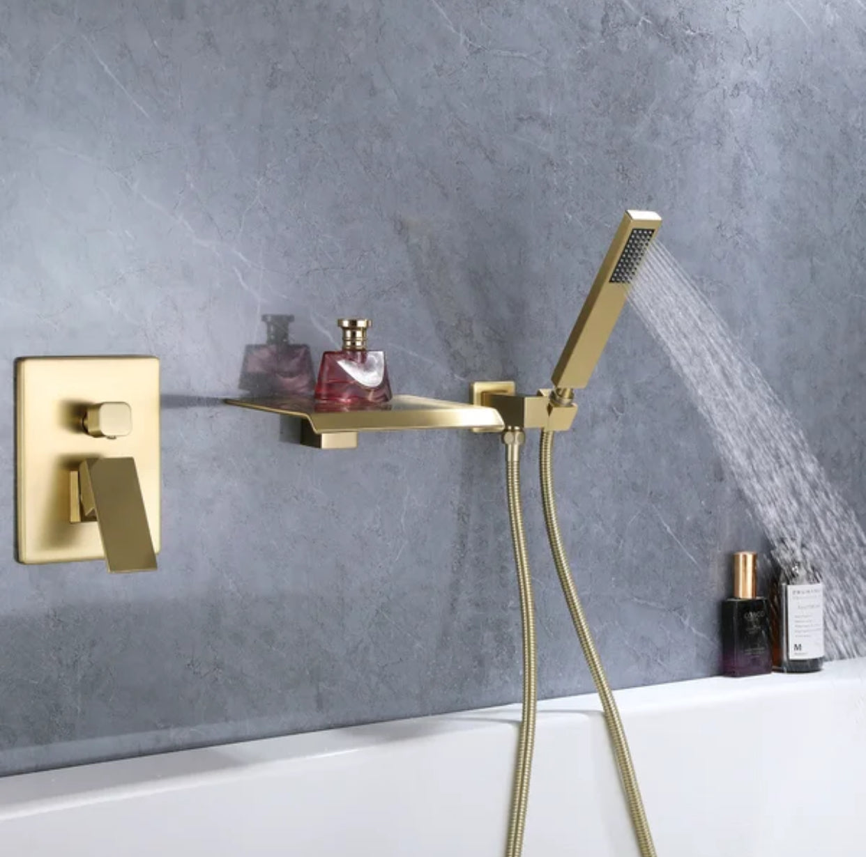 Roman Tub Waterfall Spout Single Handel Wall Mounted With Movable Spryer Handheld Brushed Gold Finish