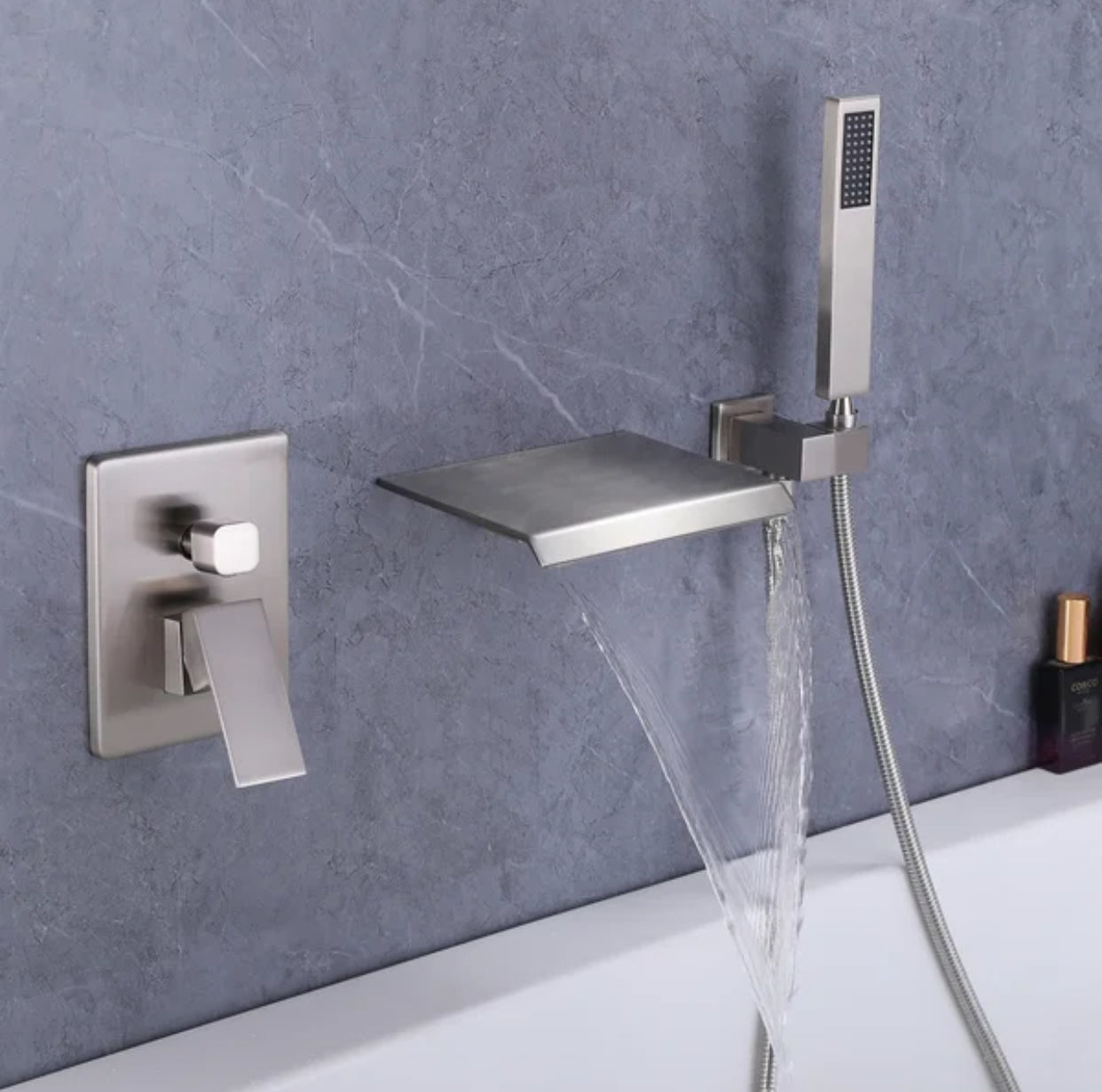 Roman Tub Waterfall Spout Single Handel Wall Mounted With Movable Spryer Handheld Brushed Nickel Finish