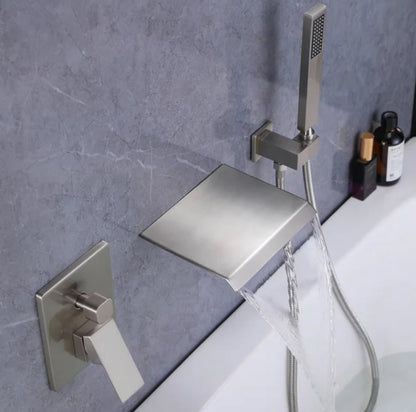 Roman Tub Waterfall Spout Single Handel Wall Mounted With Movable Spryer Handheld Brushed Nickel Finish