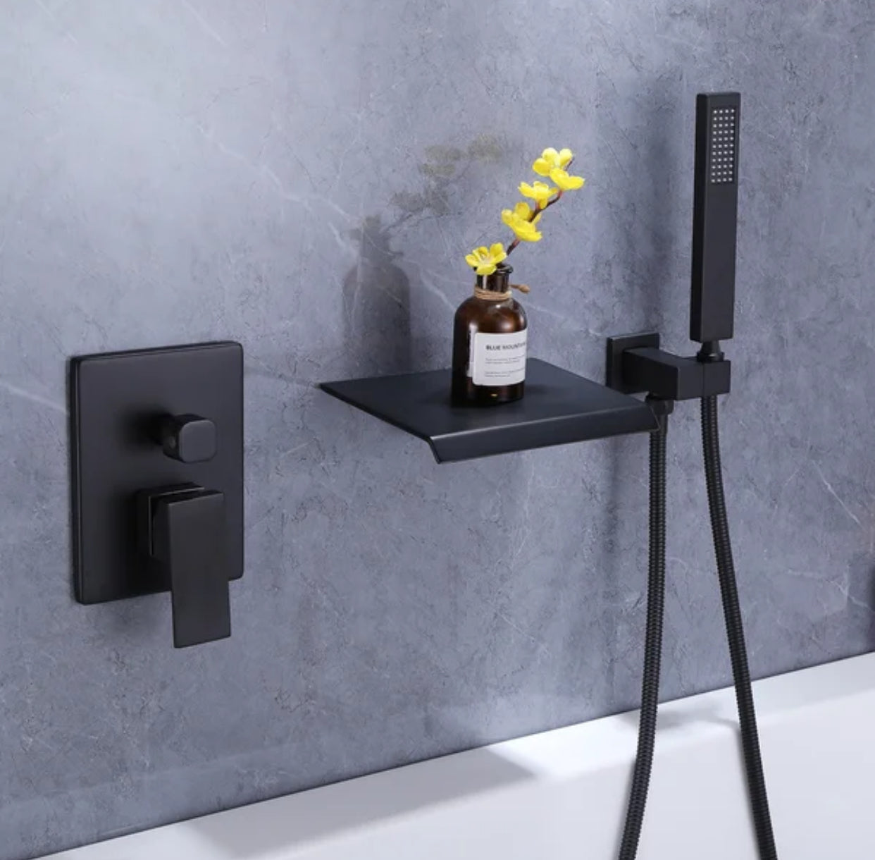 Roman Tub Waterfall Spout Single Handel Wall Mounted With Movable Spryer Handheld Matte Black Finish