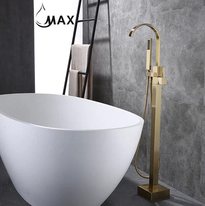 Tub Filler Faucet Floor Mounted Single Handle With Rough-in & Handheld Shower Brushed Gold Finish