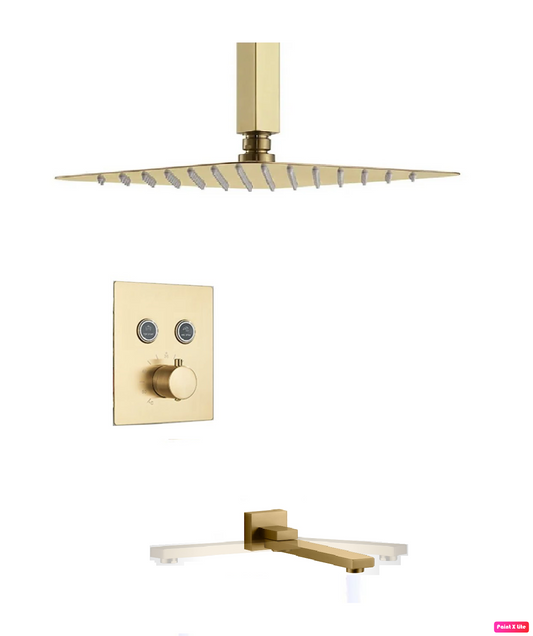 CeilingTub-Filler Thermostatic Shower System Two Functions With Pressure-Balance Valve Brushed Gold Finish