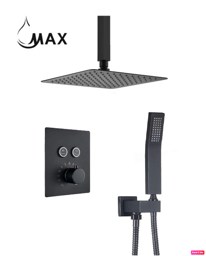 Ceiling Thermostatic Shower System Two Functions With Pressure Balance Valve Matte Black Finish