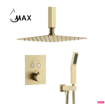 Ceiling Thermostatic Shower System Two Functions Pressure Balance Valve Brushed Gold Finish