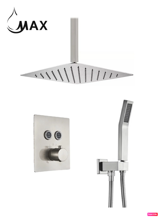 Ceiling Thermostatic Square Shower System Two Functions With Pressure Balance Valve Brushed Nickel Finish