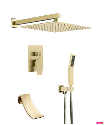 Waterfall Spout Shower System Set Three Functions With pressure balance valve Brushed Gold.