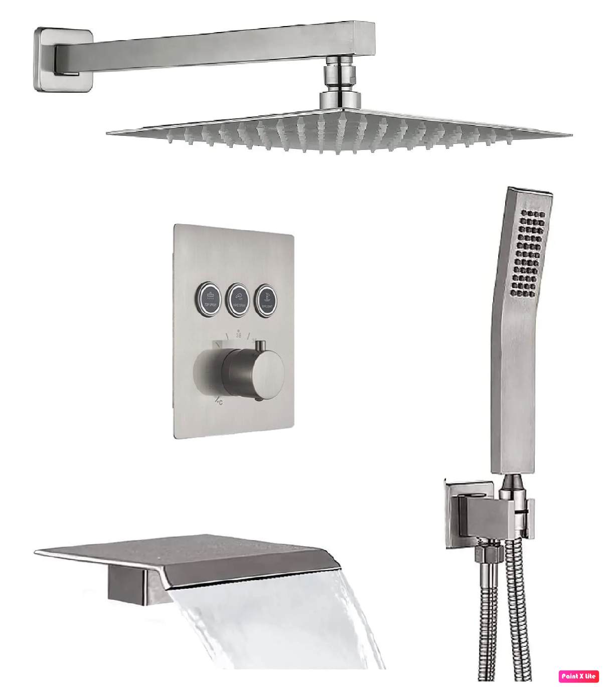 Waterfall Spout Thermostatic Shower System Set Three Function With Pressure Balance valve Brushed Nickel