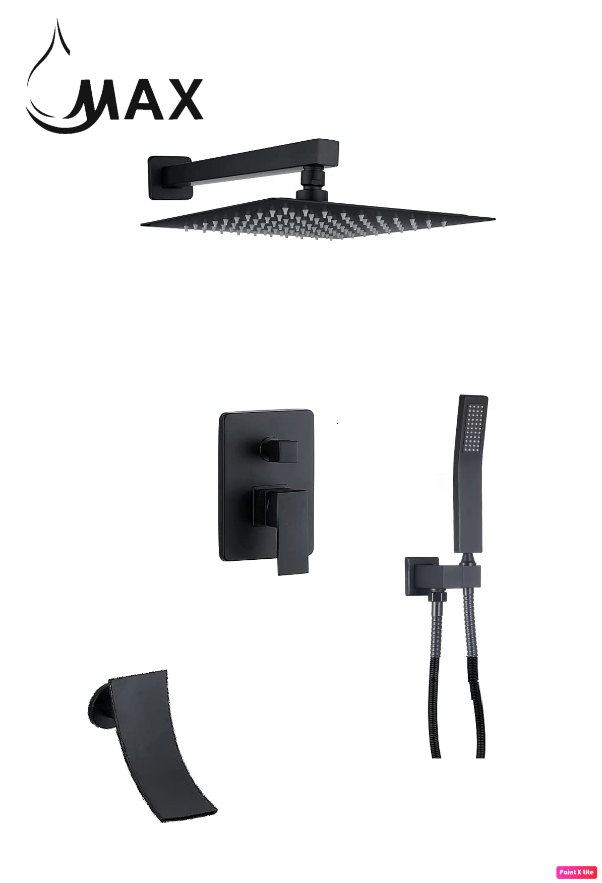 Waterfall Spout Shower System Set Three Functions With pressure balance valve Matte Black.