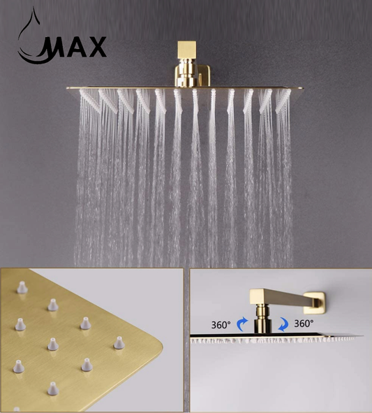 Shower Head High Pressure Ultra-Thin Square Shape Design 12" Brushed Gold Finish