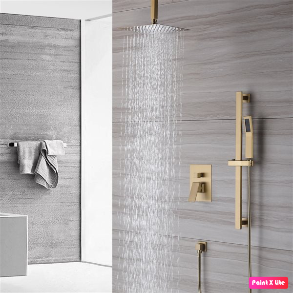 Ceiling Shower System Two Functions Hand-Held Slide Bar With Pressure Balance Valve Brushed Gold