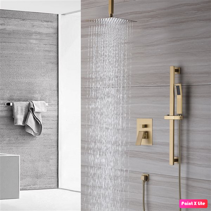 Ceiling Shower System Two Functions Hand-Held Slide Bar With Pressure Balance Valve Brushed Gold