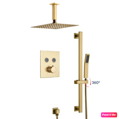 Ceiling Thermostatic Shower System Two Functions With Hand-Held Slide Bar and Pressure-Balance Valve Brushed Gold