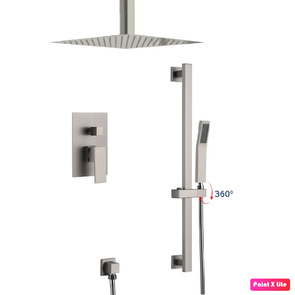 Ceiling Shower System Two Functions With Hand-Held Slide Bar and Pressure Balance Valve Brushed Nickel