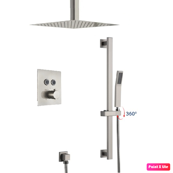 Ceiling Thermostatic Shower System Two Functions With Hand-Held Slide Bar and Pressure-Balance Valve Brushed Nickel