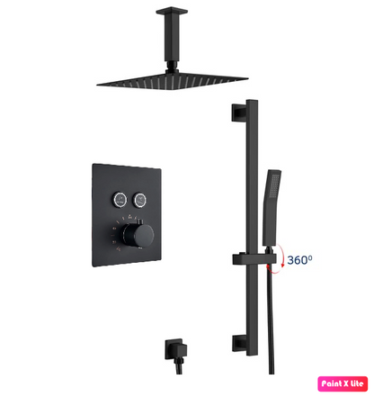 Ceiling Thermostatic Shower System Two Functions With Hand-Held Slide Bar and Pressure-Balance Valve Matte Black Finish