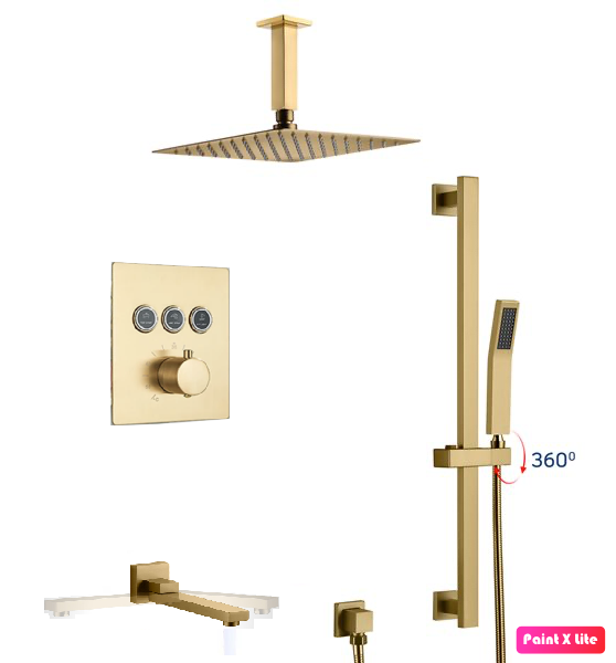 Ceiling Thermostatic Shower System Three Functions With Hand-Held Slide Bar and Pressure Balance Valve Brushed Gold Finish