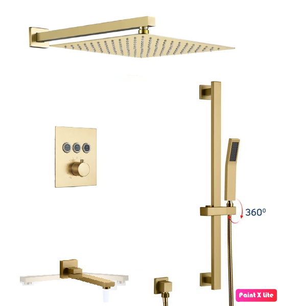 Thermostatic Shower System Three Functions With Hand-Held Slide Bar and Pressure Balance Valve Brushed Gold Finish