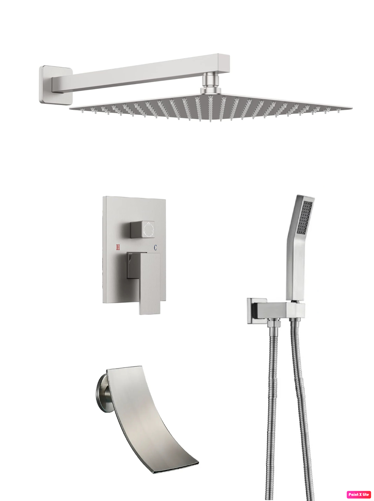 Waterfall Spout Shower System Set Three Functions With pressure balance valve Brushed Nickel.