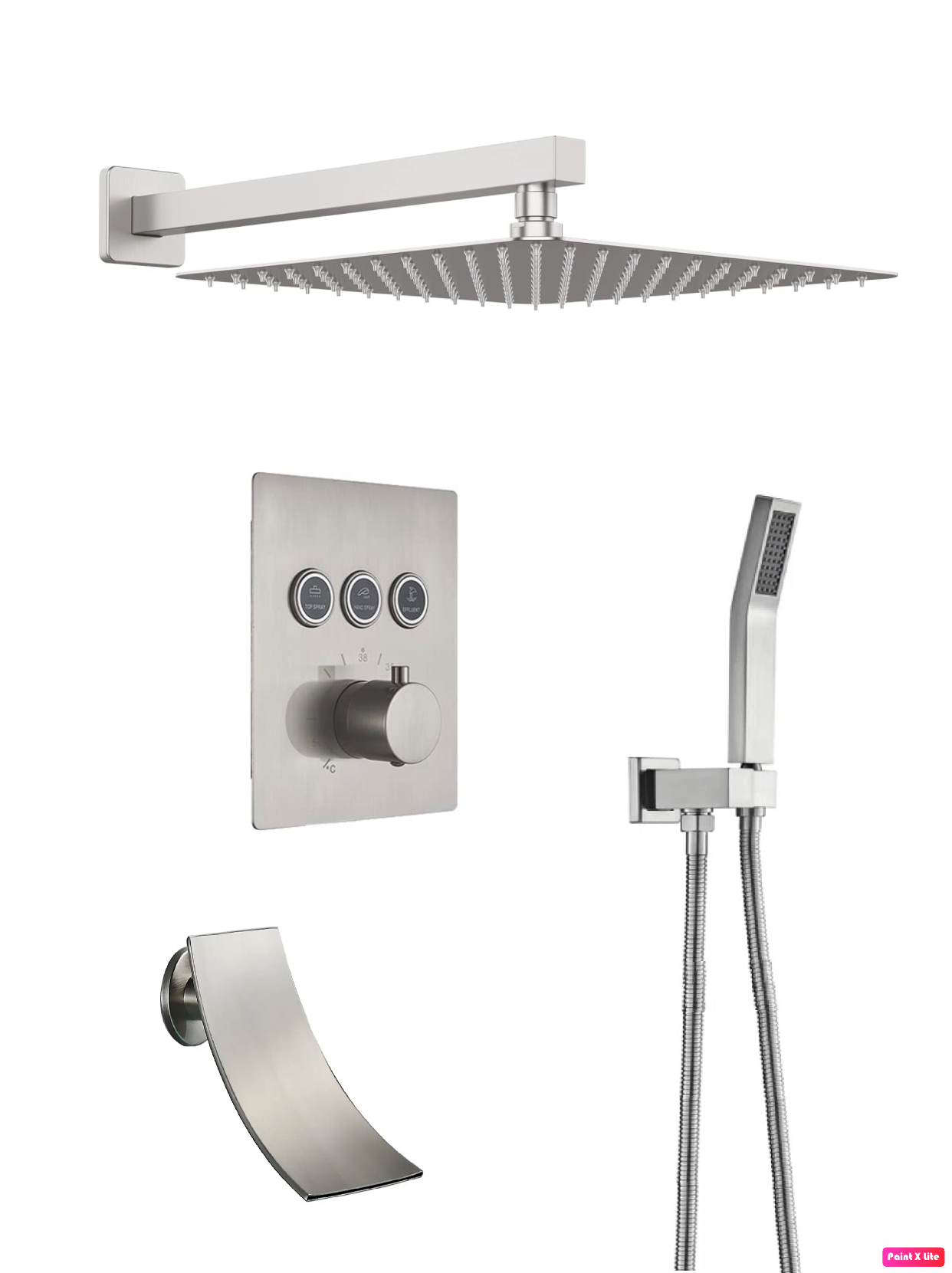 Thermostatic Shower System Set Waterfall Spout Three Functions With pressure balance valve Brushed Nickel