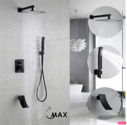 Waterfall Spout Shower System Set Three Functions With pressure balance valve Matte Black.