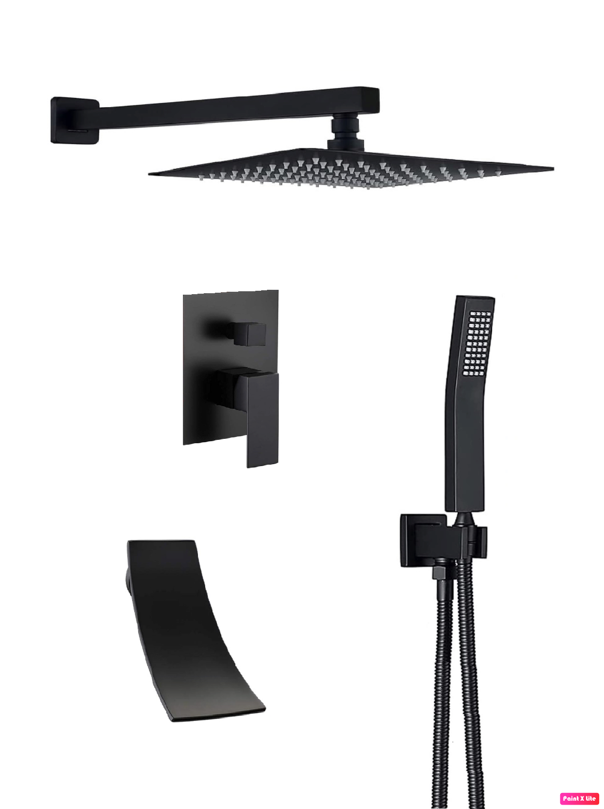 Waterfall Spout Shower System Set Three Functions With pressure balance valve Matte Black.